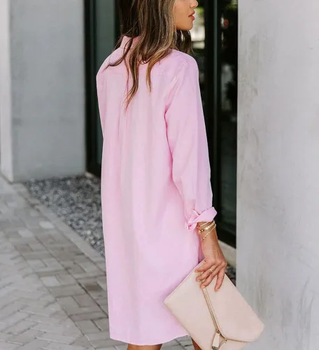 Vista 4 de chouyatou Vestidos casuales de manga larga a rayas lisas con botones para mujer