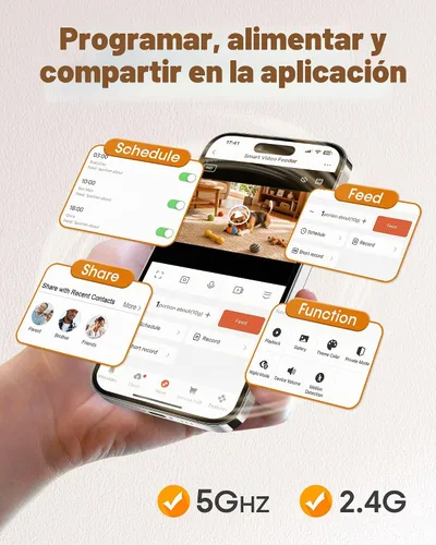 Vista 4 de Comedero automático para perros con cámara WiFi: 33 tazas, control de aplicación 5G, configuración fácil, dispensador de comida para gatos