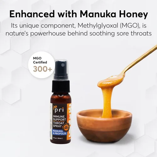 Vista 4 de P.R.I. Espray para la garganta de apoyo inmunológico con miel de manuka y propóleos, apoyo natural para el bienestar vocal y de garganta, sabor a
