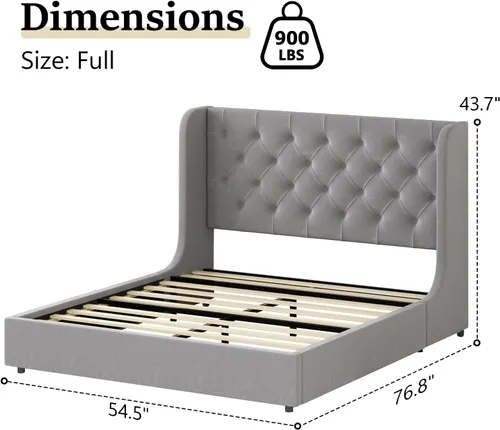 Vista 2 de HOMBCK - Marco de cama tamaño completo, base de cama tapizada en plataforma gris con cabecero, terciopelo acolchado, diseño de ala curvada, listones