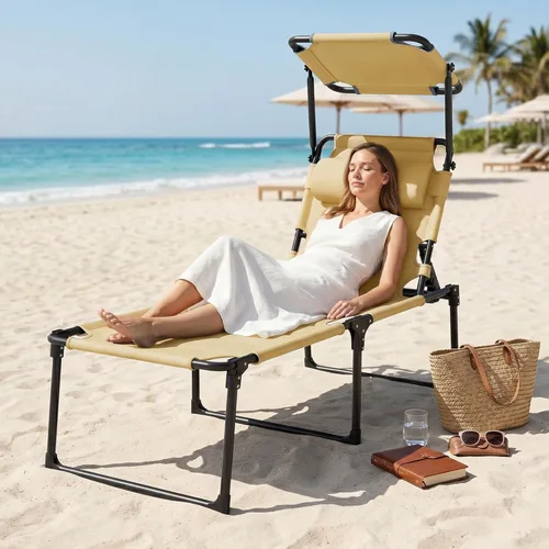 Vista 8 de Outsunny Sillón para exteriores, respaldo ajustable, tumbona plegable, silla de bronceado acolchada con techo parasol y reposacabezas de almohada