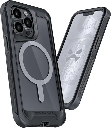Vista 2 de Ghostek ATOMIC - Funda delgada iPhone 13 Pro, parachoques de metal negro con anillo MagSafe transparente en la parte trasera, protección resistente