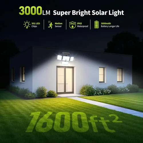 Vista 5 de 1 reflector solar de 3000 lm para exteriores con panel solar mejorado, 4 luces con sensor de movimiento de cabeza, luz de inundación con cable