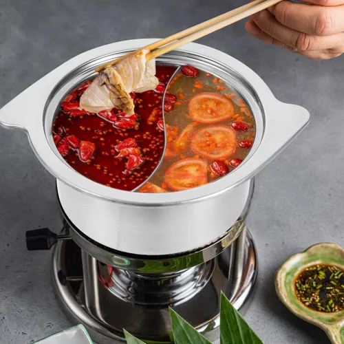 Vista 7 de ERINGOGO Olla caliente con divisor, olla antiadherente de acero inoxidable para Shabu Shabu, olla de sopa de doble cara, china para inducción