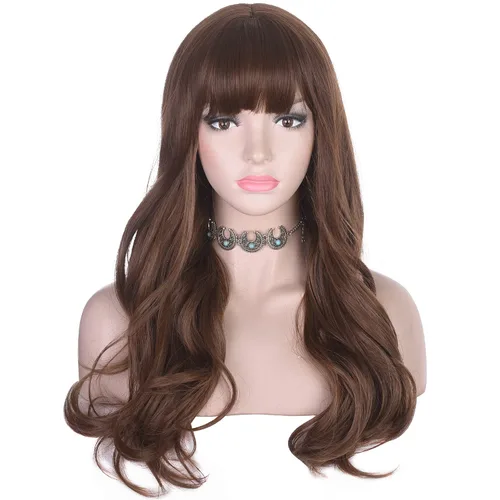 Vista 8 de morvally Peluca larga ondulada con flequillo para mujer, cabello sintético moreno, resistente al calor, aspecto natural para uso diario