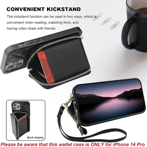 Vista 5 de Bocasal Funda tipo cartera cruzada para iPhone 14 Pro, con bloqueo RFID, de piel sintética, con cremallera, funda tipo cartera con función atril