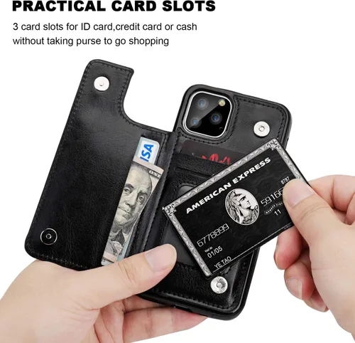 Vista 4 de OT ONETOP - Funda tipo cartera para iPhone 11 Pro con tarjetero y ranuras para tarjetas, doble cierre magnético y funda duradera a prueba de golpes