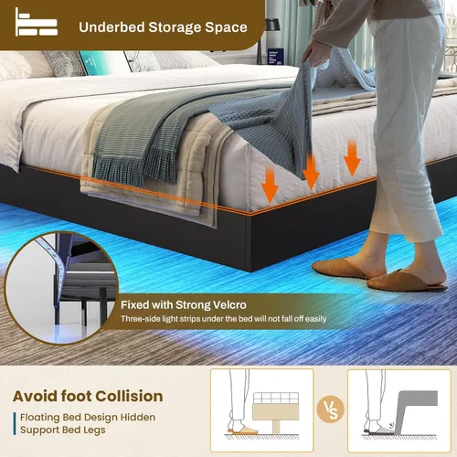 Vista 6 de DICTAC Base de cama flotante matrimonial con luces LED y cabecera de almacenamiento, cama flotante visual con estación de carga, cama de plataforma