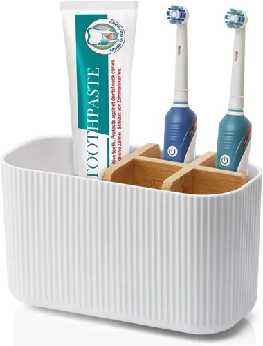 Vista 13 de GFWARE Soporte para cepillos de dientes negro – Portacepillos de dientes de bambú para baños, organizador de cepillos de dientes eléctrico