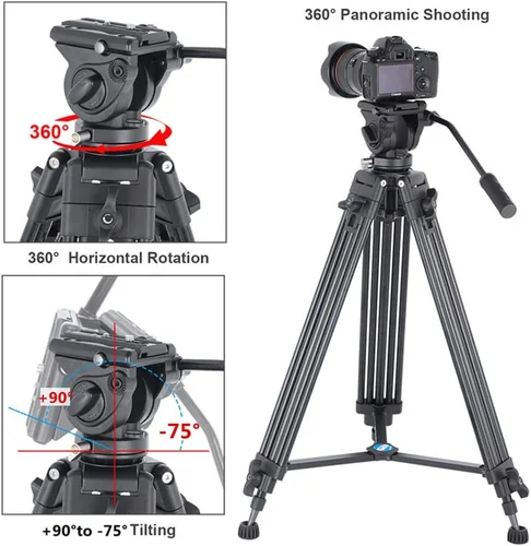 Vista 2 de Trípode de video profesional resistente de 62 pulgadas/62.2 in, aluminio Twin Tube, 360 Degree Fluid Head, Mid-Level Spreader, For DSLR Camcorder