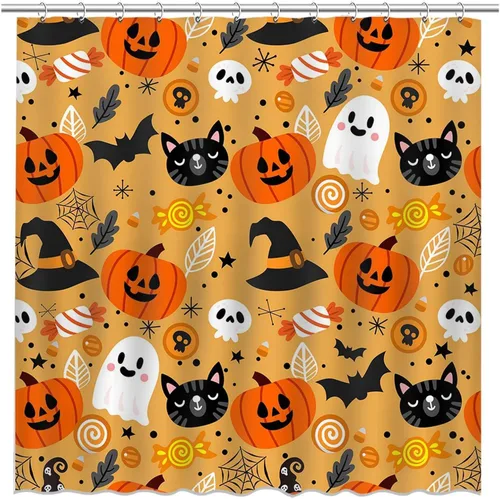 Vista 3 de Mocsicka Bonita cortina de ducha de Halloween de 72 x 72 pulgadas, cortina de ducha naranja de dibujos animados de gato y fantasma, cortina de ducha