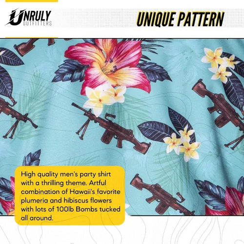 Vista 4 de Camisa hawaiana para hombre, color verde, M249, camisas con botones para hombre, divertidas camisas de armas de flores con pistolas