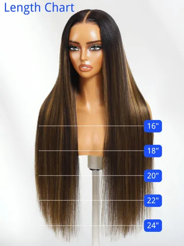 Vista 8 de Nadula - Peluca Yaki de encaje frontal lacio color castaño ombre con cabello humano 13x4 HD, pre arrancada, sin pegamento, con cordón elástico
