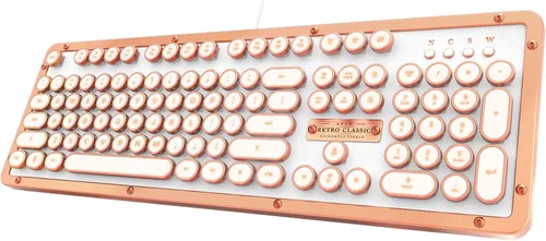 Vista 15 de Azio Retro Classic Bluetooth (Elwood) - Teclado mecánico retroiluminado inalámbrico/USB con cable de madera de nogal vintage para PC/Mac, madera