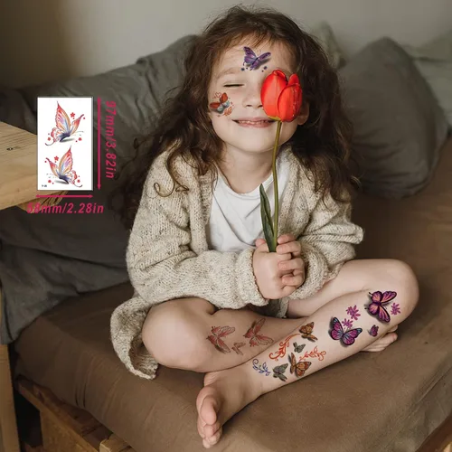 Vista 6 de 30 hojas de tatuajes temporales de mariposa para mujeres y niñas, flores falsas coloridas 3D, mariposas, alas de tatuaje, calcomanías de arte