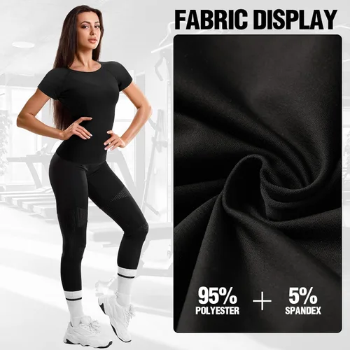 Vista 4 de Coume Paquete de 4 camisetas de compresión para mujer, de manga corta, para entrenamiento, correr, atletismo, yoga, gimnasio, equipo deportivo