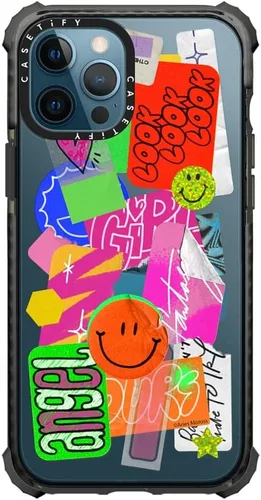 Vista 3 de CASETiFY Funda Ultra Impact para iPhone 12 Pro Max - Adhesivo Aries Moross, color negro transparente
