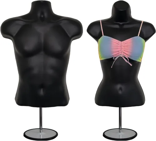 Vista 16 de Maniquí de torso masculino y femenino con soporte de metal, cuerpo con respaldo hueco, apilable, forma de vestido para exhibición de camisetas Negro