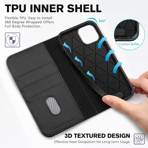 Vista 4 de TUCCH - Funda tipo cartera con 3 ranuras para tarjetas para iPhone 14 (6.1") 2022, color negro clásico