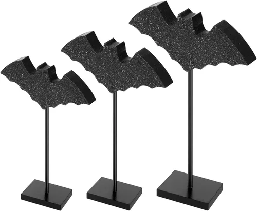 Vista 8 de 3 piezas de decoración de mesa de pie para Halloween, bandeja escalonada de madera, decoración de mesa de murciélagos y maíz, centro de mesa, juego