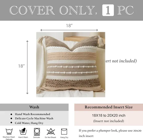 Vista 4 de BlissBlush Funda decorativa para cojín marrón 18x18 cuadrada estilo bohemio con borlas, funda de cojín para sofá, dormitorio, sala de estar