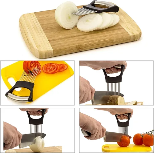 Vista 5 de Soporte de cebolla de acero inoxidable para cortar cebolla herramienta de corte con 10 puntas de corte de utensilios de cocina