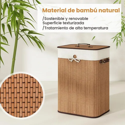 Vista 5 de Cesta de lavandería de bambú Giantex con tapa, cesta grande y alta de 72L para ropa con forro y asas extraíbles, cesta de lavandería rectangular
