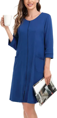Vista 2 de SWOMOG Bata con cremallera para mujer, manga 34, suave algodón con cremallera frontal, camisón con bolsillos