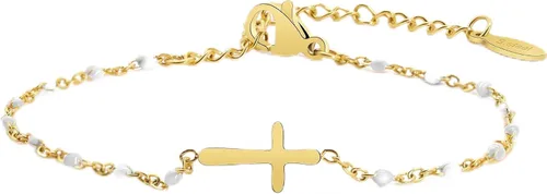 Vista 13 de Pulsera de Cuentas con Cruz Chapada en Oro de 14K para Mujeres, Pulsera de Acero Inoxidable Ajustable con Cruz de Fe Religiosa, Pulsera de Cadena
