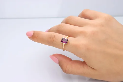 Vista 3 de Gin & Grace Anillo Rodholite genuino de oro amarillo de 14 quilates para mujer