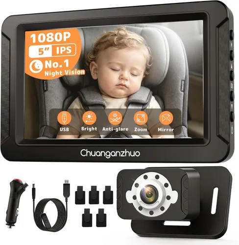 Vista 12 de S100C - Cámara de coche para bebé alimentada por USB, visión nocturna cristalina para asiento trasero para bebé, ajuste de brillo y monitor IPS