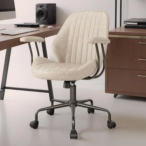 Vista 7 de Silla de oficina Mid Century Modren, silla ejecutiva giratoria con soporte lumbar, silla de escritorio ergonómica de respaldo medio con ruedas Beige