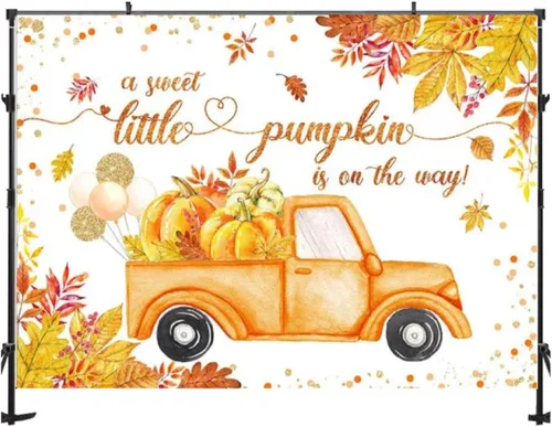 Vista 2 de Telón de fondo para baby shower, con texto en inglés "A Sweet Little Pumpkin is On The Way", decoración de fiesta, decoración de otoño, fotografía