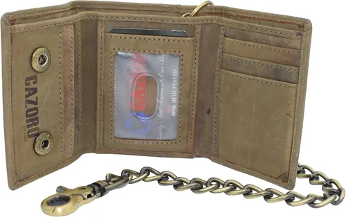 Vista 20 de Billetera para hombre con bloqueo RFID, de cuero vintage, estilo motorista, de triple pliegue, con cierre de presión y cadena de bicicleta 51S Marrón