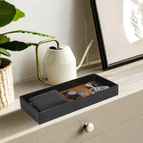 Vista 3 de JACKCUBE - Bandeja de cuero de bambú para hombres, atrapa todas las bandejas para llaves, teléfono, cartera, monedas, lentes de sol, almacenamiento