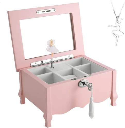 Vista 2 de Joyero musical de bailarina de pies grandes con espejo y cerradura para niñas, caja de almacenamiento de joyas rosa para niños, organizador de joyas
