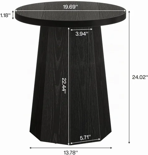 Vista 2 de Tribesigns Mesa Auxiliar Redonda de Estilo Rústico, Mesa Lateral de Madera para Sofá con Base Octagonal, Mesita de Noche Negra con Pedestal, Mueble