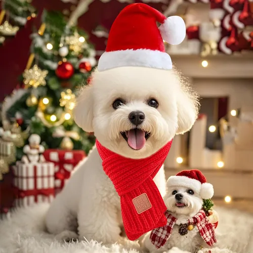 Vista 3 de Juego de gorro y bufanda de Navidad para perros pequeños, cachorros, gatos, 2 piezas de sombrero de Santa ajustable y bufanda de punto, disfraz