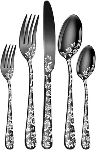 Vista 9 de Juego de cubiertos para 12 cubiertos, 60 piezas, diseño único de patrón de flores, utensilios de cocina de acero inoxidable, juego de cubiertos Oro