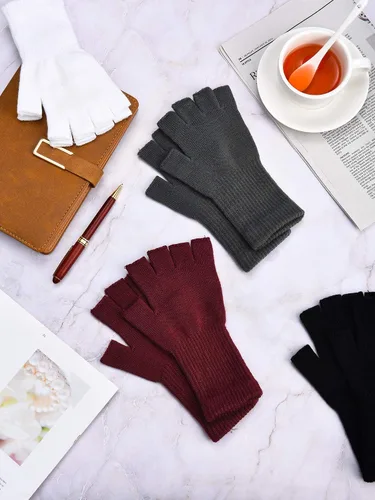 Vista 6 de Guantes sin dedos para mujer, guantes de medio dedo de invierno, elásticos, sin dedos, unisex