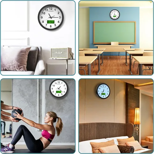 Vista 7 de Reloj de pared, con pantalla digital LED, silencioso sin tictac, de cuarzo de 12 pulgadas, funciona con pilas, reloj de pared analógico redondo Caja