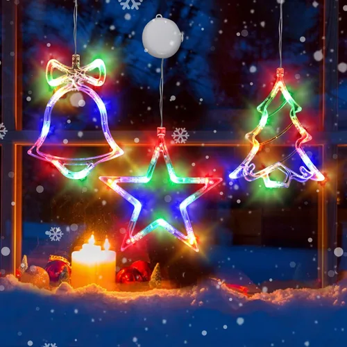 Vista 9 de 3 piezas de luces de ventana de Navidad - Decoraciones de ventana de Navidad con pilas con luces en forma de árbol, copo de nieve y estrella