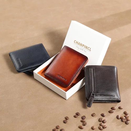 Vista 6 de Cartera de cuero con cremallera para hombre, con bloqueo RFID, mini billetera portátil con múltiples ranuras para tarjetas para billetes, Café