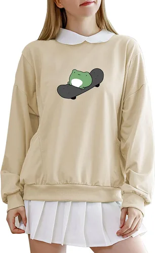 Vista 2 de Sudadera casual de skate de rana para mujer, manga larga, cuello con bolsillo, para adolescentes y niñas