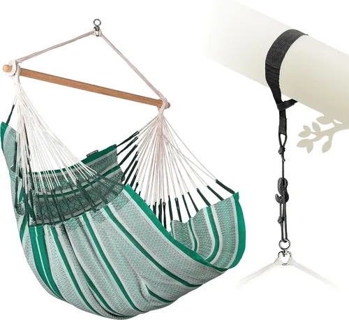Vista 27 de LA SIESTA® - Silla Hamaca Grande y Cómoda de Algodón Habana & CasaMount - Silla Colgante con Kit de Suspensión para Paredes, Techos y Vigas Café
