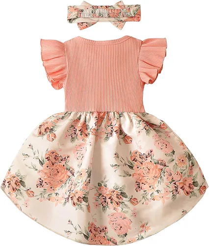 Vista 4 de Vestido de niña recién nacida, floral, manga con volantes, casual, vestido de playa, vestido de princesa con falda de princesa, vestidos de verano