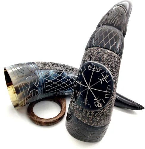 Vista 7 de Taza de cuerno vikingo, jarra hecha a mano de estilo nórdico con soporte, auténtica taza medieval de Ale, ideal para festivales renacentistas