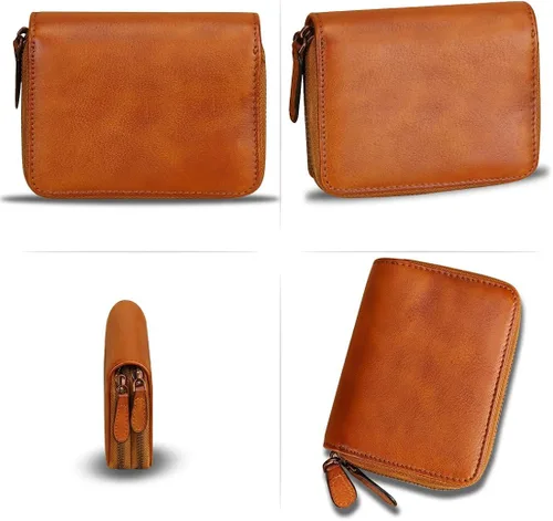Vista 3 de Cartera de cuero genuino pequeño monedero para las mujeres RFID bloqueo hecho a mano carteras de embrague clip de dinero organizador de la tarjeta