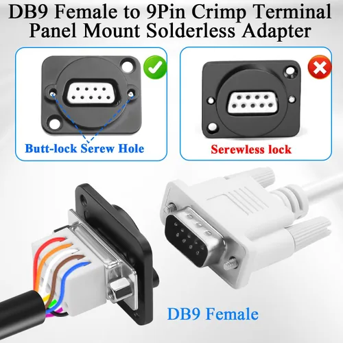 Vista 3 de QIANRENON Adaptador DB9 sin soldadura para montaje en panel, conector DB9 hembra a 9 pines, conector serial de montaje en mamparo, cableado D-SUB