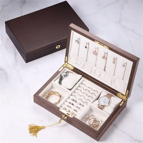 Vista 3 de TREXD - Joyero grande de madera multifunción organizador rectangular collar anillo pendiente reloj joyería caja de almacenamiento